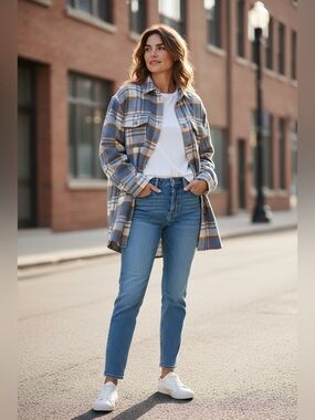 SHEIN Blue and Brown Plaid Shirt Jacket